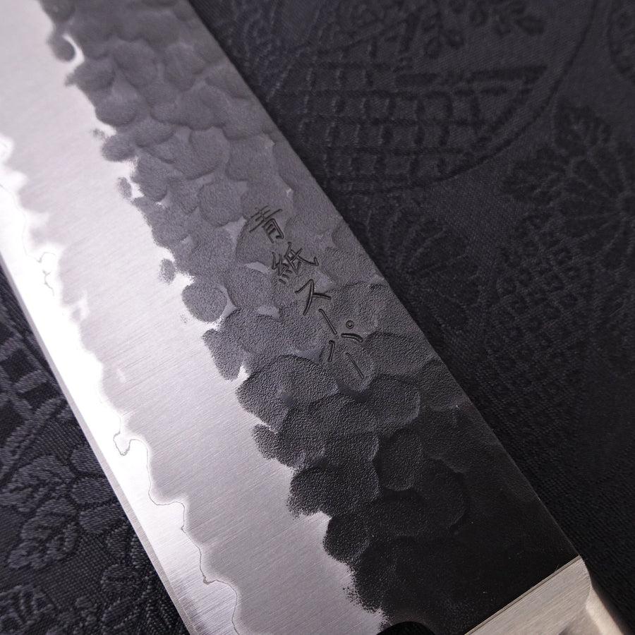 Santoku Stainless Clad Blue Super Kurouchi Tsuchime Western Handle Black 180mm