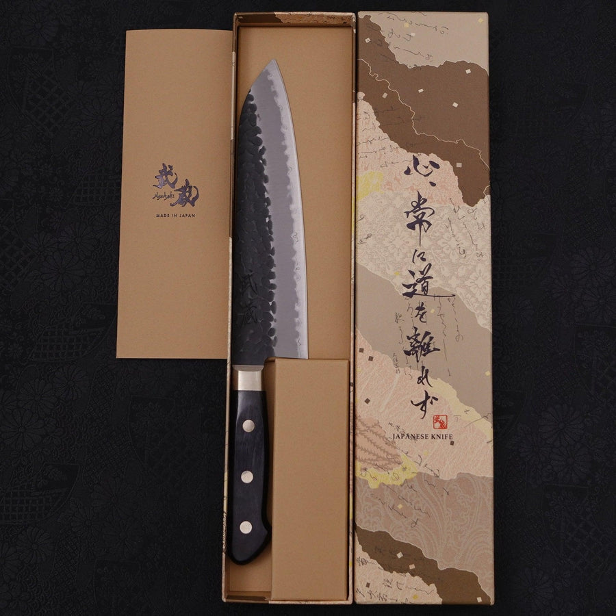 Santoku Stainless Clad Blue Super Kurouchi Tsuchime Western Handle Black 180mm