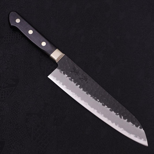Santoku Stainless Clad Blue Super Kurouchi Tsuchime Western Handle Black 180mm