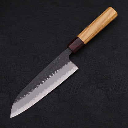 Santoku Stainless Clad Blue Super Kurouchi Tsuchime Zelkova Handle 170mm