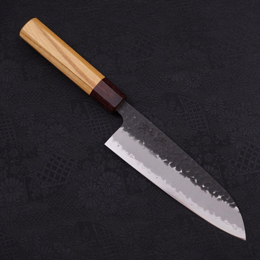 Santoku Stainless Clad Blue Super Kurouchi Tsuchime Zelkova Handle 170mm