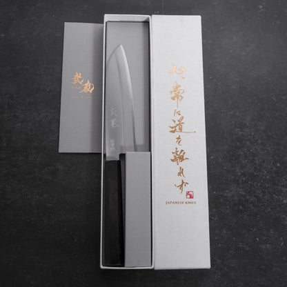 Santoku Stainless Clad Blue Super Polished Buffalo Ebony Handle 140mm