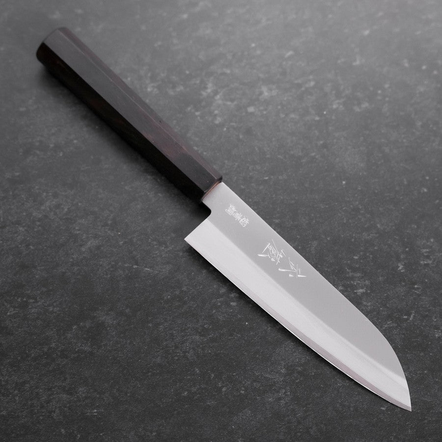 Santoku Stainless Clad Blue Super Polished Buffalo Ebony Handle 140mm