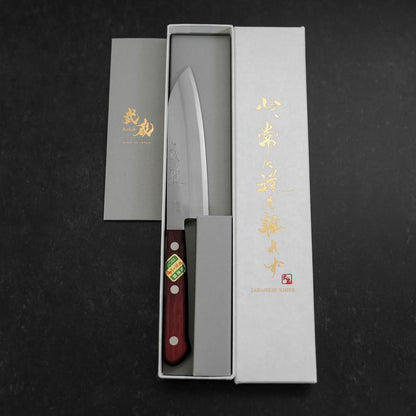 Santoku Stainless Clad Blue Super Polished Western Black Red Handle 140mm