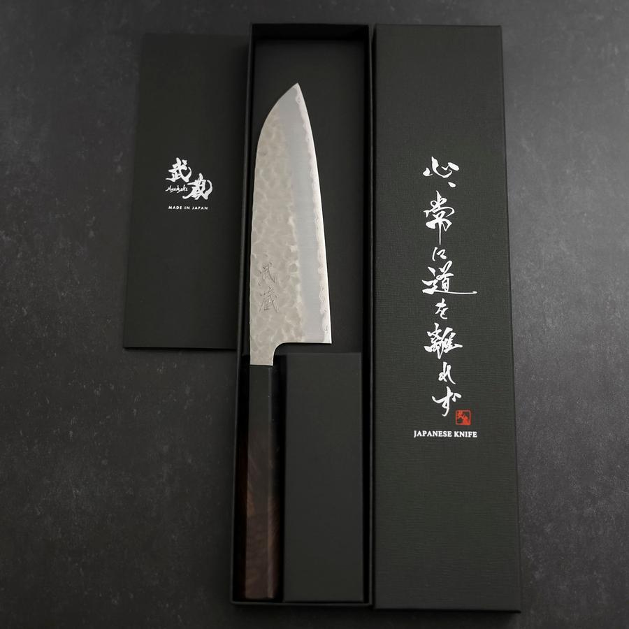 Santoku Stainless Clad Blue Super Tsuchime Buffalo Ebony Handle 165mm