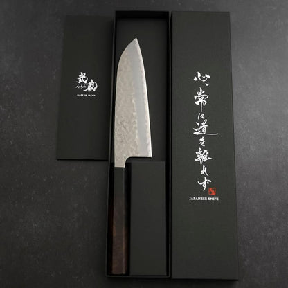 Santoku Stainless Clad Blue Super Tsuchime Buffalo Ebony Handle 165mm