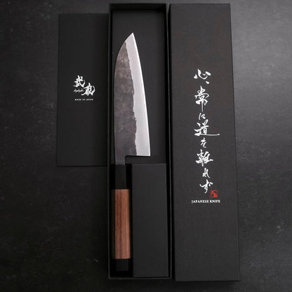Santoku Stainless Clad Blue Steel #2 Kurouchi Walnut Handle 165mm