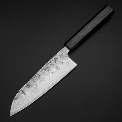 Santoku Sweden Stainless Steel Nashiji Washi Damascus Dark Blue Urushi Handle 165mm