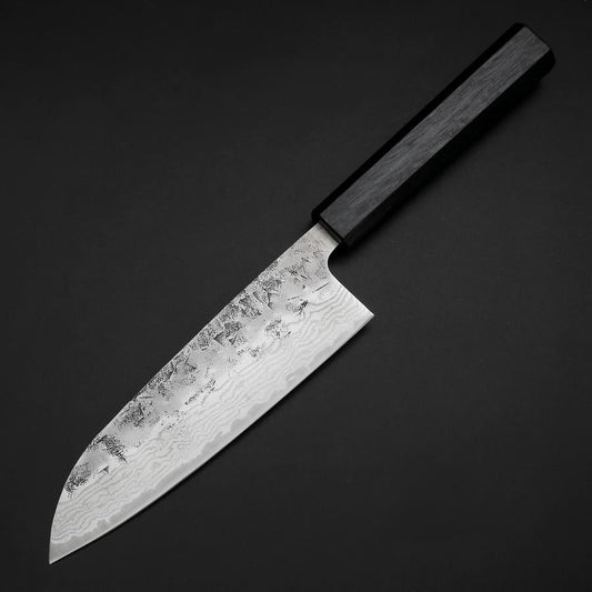 Santoku Sweden Stainless Steel Nashiji Washi Damascus Dark Blue Urushi Handle 165mm