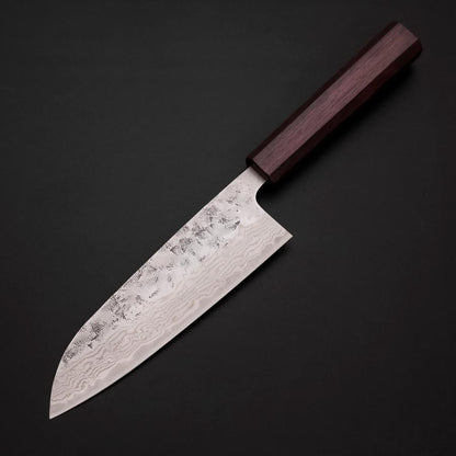 Santoku Sweden Stainless Steel Nashiji Washi Damascus Purple Urushi Handle 165mm