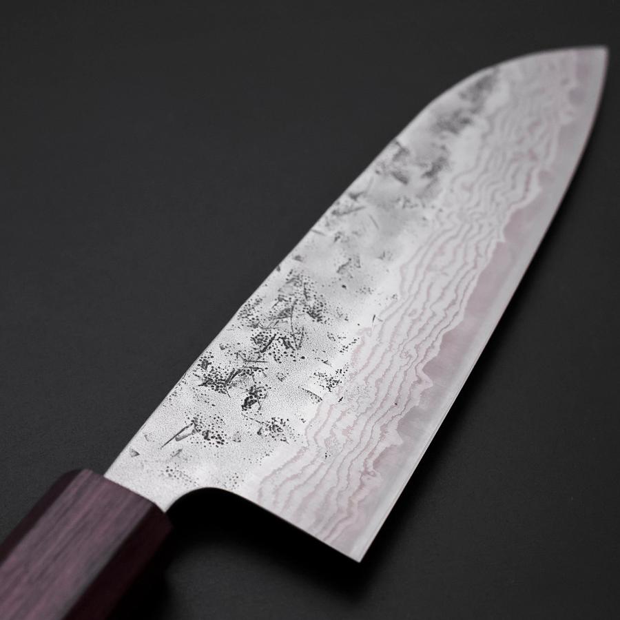 Santoku Sweden Stainless Steel Nashiji Washi Damascus Purple Urushi Handle 165mm