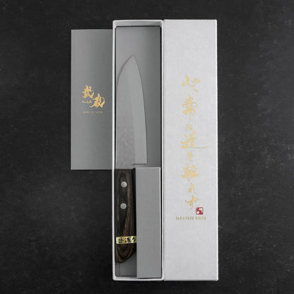 Santoku VG-1 Tsuchime Western Brown Mahogany Handle 130mm (Tsuba Nashi)