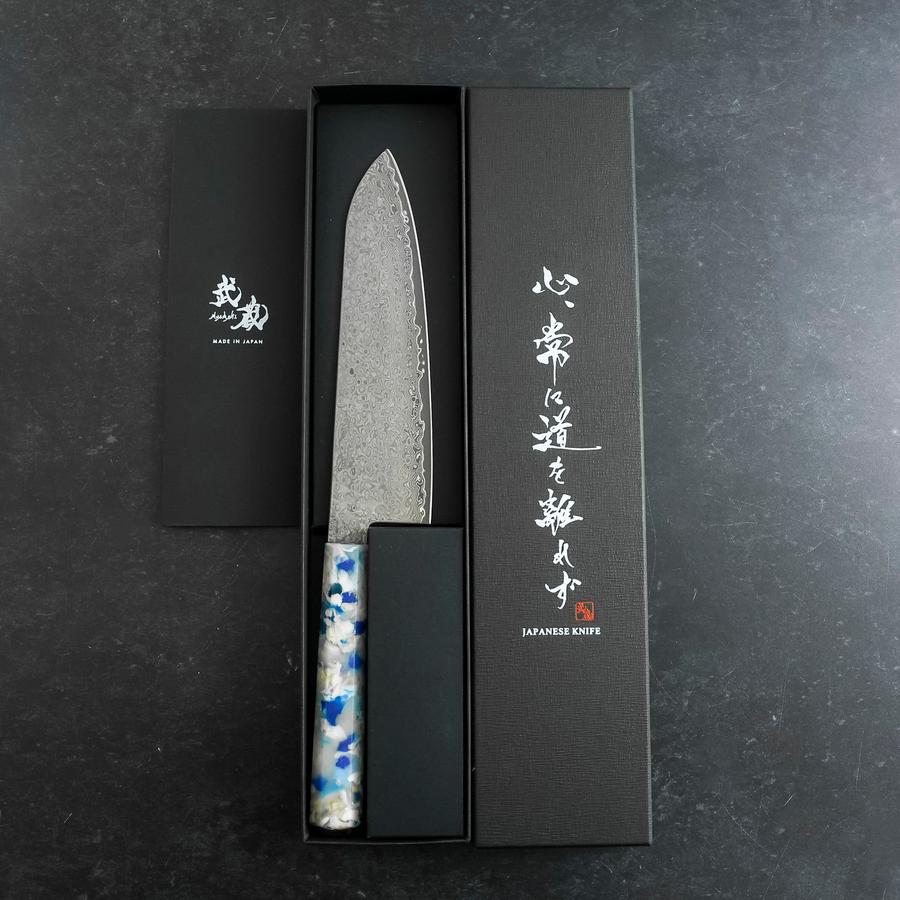 Santoku VG-10 Damascus Ocean Blue-White Mix Handle 165mm