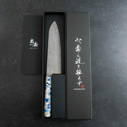 Santoku VG-10 Damascus Ocean Blue-White Mix Handle 165mm