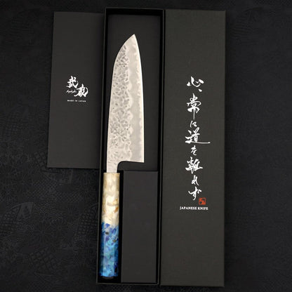 Santoku White Steel #1 Stainless Clad Tsuchime Ocean White Blue Handle 165mm