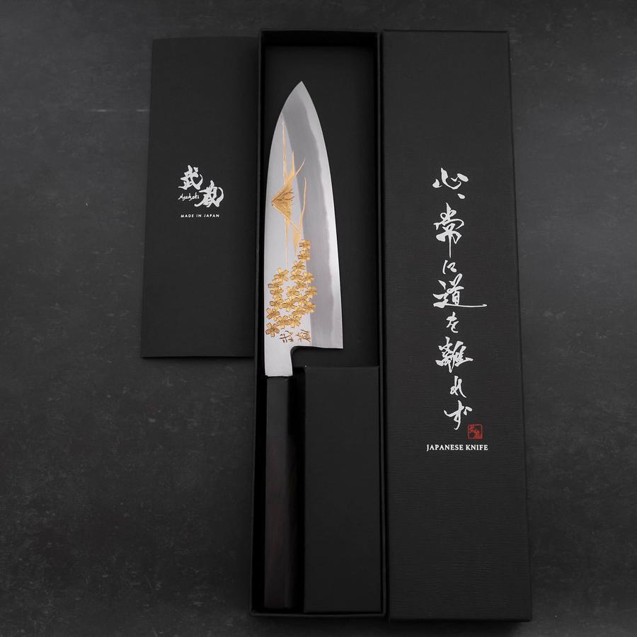 Santoku White Steel #2 Kasumi Chokin Sakura Fuji Buffalo Ebony Handle 180mm