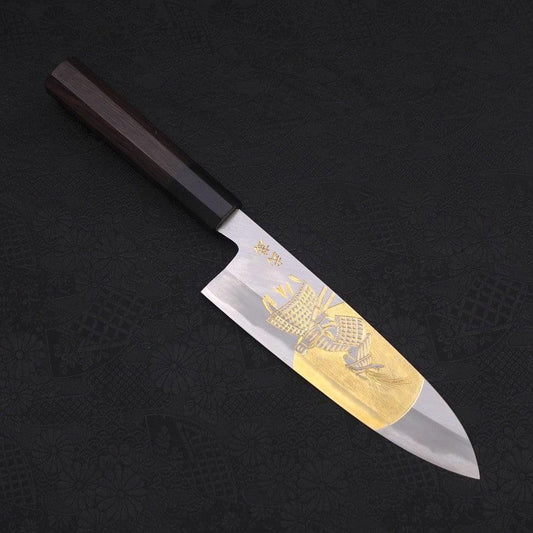Santoku White Steel #2 Kasumi Chokin Samurai Full Moon Buffalo Ebony Handle 180mm