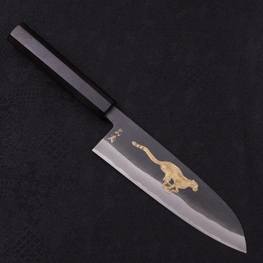 Santoku White Steel #2 Kurouchi Chokin Cheetah Buffalo Ebony Handle 170mm