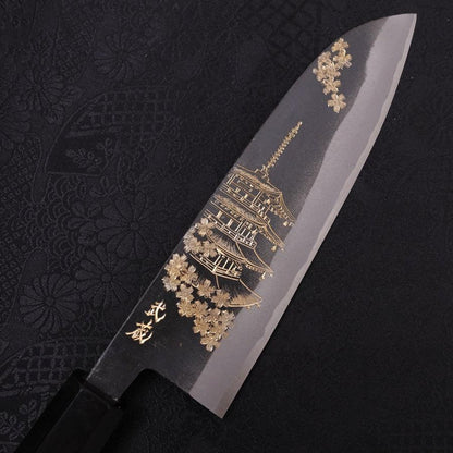 Santoku White Steel #2 Kurouchi Chokin Pagoda Buffalo Ebony Handle 170mm