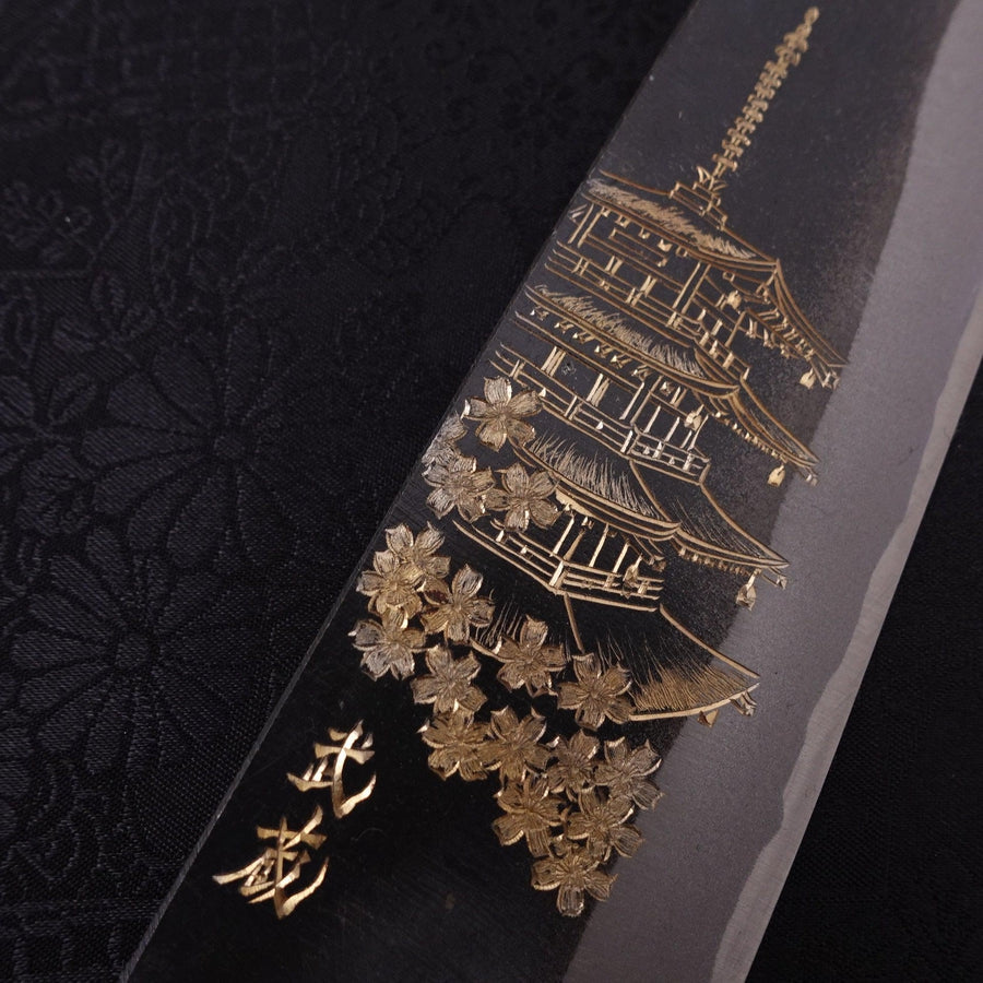 Santoku White Steel #2 Kurouchi Chokin Pagoda Buffalo Ebony Handle 170mm