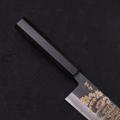 Santoku White Steel #2 Kurouchi Chokin Pagoda Buffalo Ebony Handle 170mm