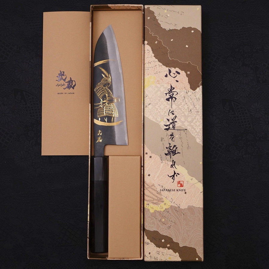 Santoku White Steel #2 Kurouchi Chokin Samurai New Moon Buffalo Ebony Handle 170mm