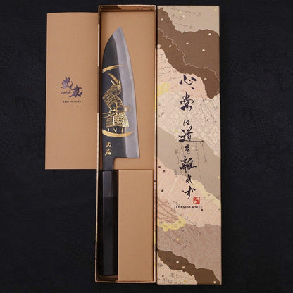 Santoku White Steel #2 Kurouchi Chokin Samurai New Moon Buffalo Ebony Handle 170mm