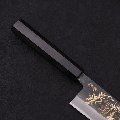 Santoku White Steel #2 Kurouchi Chokin Tiger-Bamboo Buffalo Ebony Handle 170mm