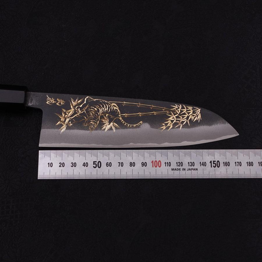 Santoku White Steel #2 Kurouchi Chokin Tiger-Bamboo Buffalo Ebony Handle 170mm