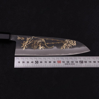 Santoku White Steel #2 Kurouchi Chokin Tiger-Bamboo Buffalo Ebony Handle 170mm