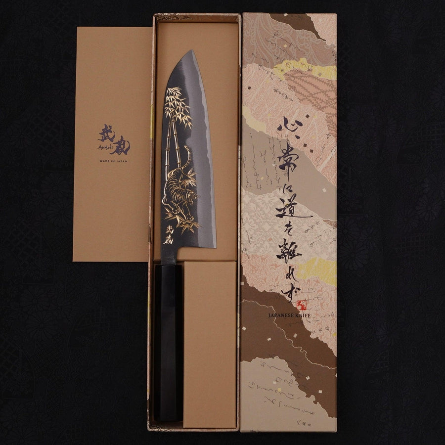 Santoku White Steel #2 Kurouchi Chokin Tiger-Bamboo Buffalo Ebony Handle 170mm