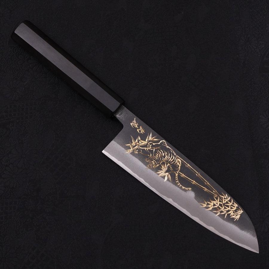 Santoku White Steel #2 Kurouchi Chokin Tiger-Bamboo Buffalo Ebony Handle 170mm