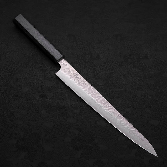 Sujihiki AUS-10 Nashiji Damascus Dark Blue Urushi Handle 240mm