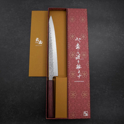 Sujihiki AUS-10 Tsuchime Damascus Purple Urushi Handle 240mm