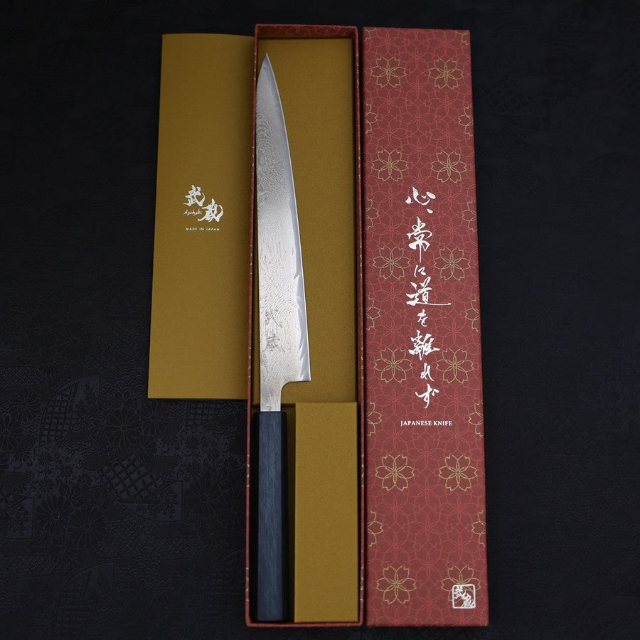 Sujihiki AUS-10 Wave Damascus Dark-Blue Urushi Handle 240mm