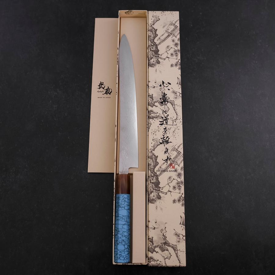 Sujihiki Silver Steel #3 Nickel Damascus Buffalo Turquoise Handle 270mm