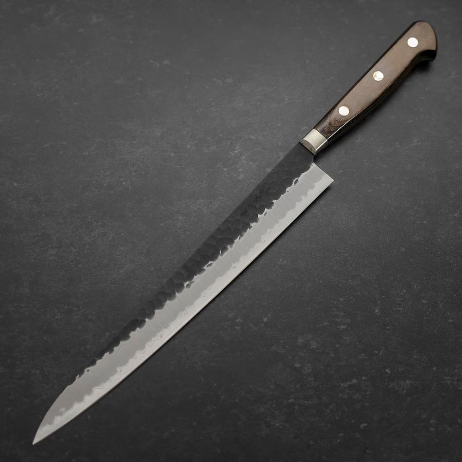 Sujihiki Stainless Clad Blue Super Kurouchi Tsuchime Western Brown Handle 240mm