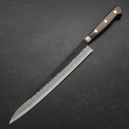 Sujihiki Stainless Clad Blue Super Kurouchi Tsuchime Western Brown Handle 240mm
