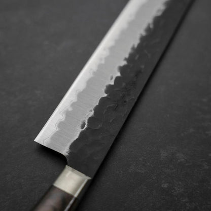 Sujihiki Stainless Clad Blue Super Kurouchi Tsuchime Western Brown Handle 240mm