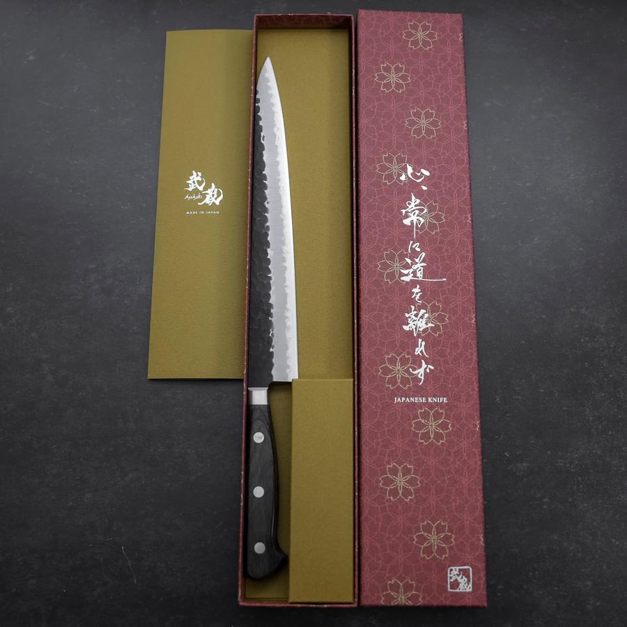 Sujihiki Stainless Clad Blue Super Kurouchi Tsuchime Western Brown Handle 240mm