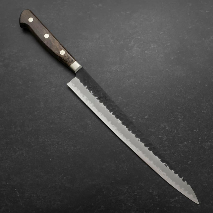 Sujihiki Stainless Clad Blue Super Kurouchi Tsuchime Western Brown Handle 240mm