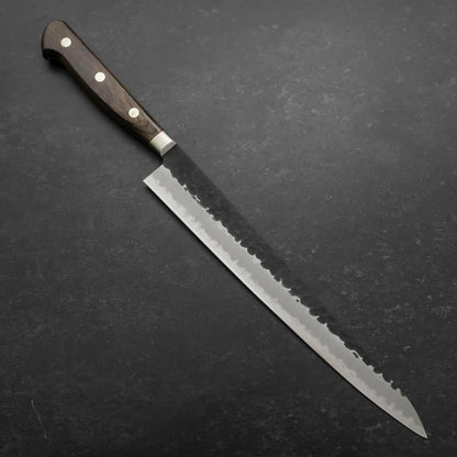 Sujihiki Stainless Clad Blue Super Kurouchi Tsuchime Western Brown Handle 240mm