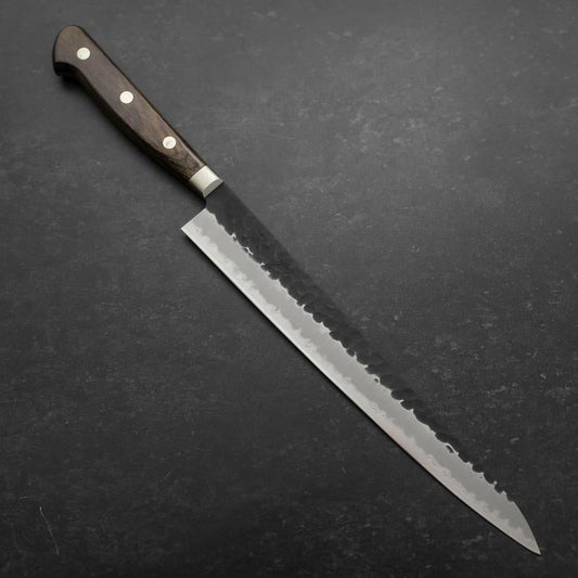 Sujihiki Stainless Clad Blue Super Kurouchi Tsuchime Western Brown Handle 240mm