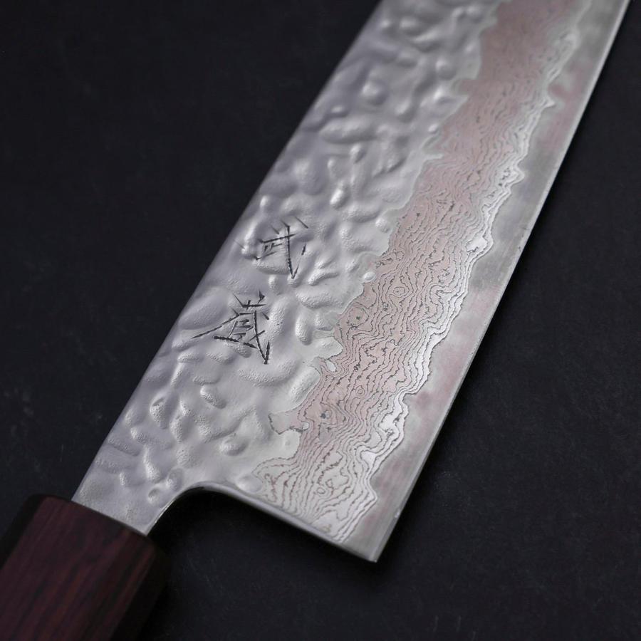 Santoku AUS-10 Mirror Tsuchime Damascus Purple Urushi Handle 165mm