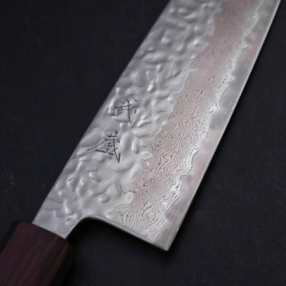 Santoku AUS-10 Mirror Tsuchime Damascus Purple Urushi Handle 165mm