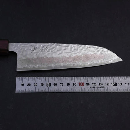 Santoku AUS-10 Mirror Tsuchime Damascus Purple Urushi Handle 165mm