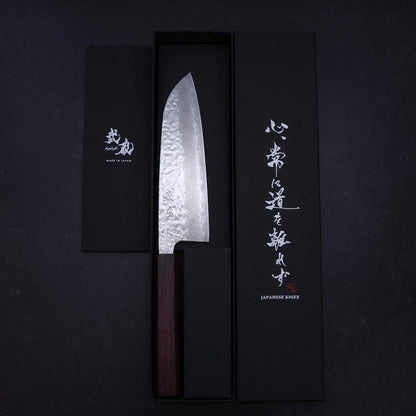 Santoku AUS-10 Mirror Tsuchime Damascus Purple Urushi Handle 165mm