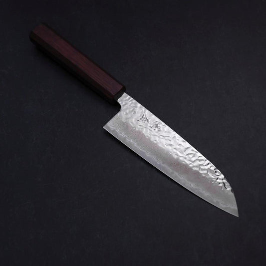 Santoku AUS-10 Mirror Tsuchime Damascus Purple Urushi Handle 165mm