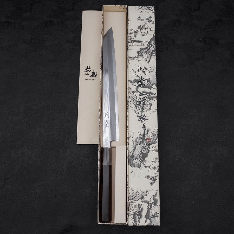 Yanagi Kiritsuke Blue Steel #1 Kasumi Buffalo Ebony Handle 270mm With Sheath