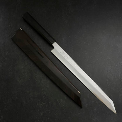 Yanagi Kiritsuke Blue Steel #1 Suminagashi Buffalo Ebony Handle With Sheath 300mm